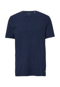 Marineblauw T-shirt met korte mouwen, ronde hals, van een katoenmengsel met een textuurafwerking, met een klein merkembleem aan de zoom.