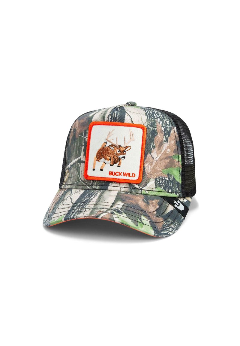 Camo baseball cap with a black mesh back, featuring an orange-trimmed front patch depicting a deer and text "BUCK WILD."