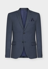Blazer azul-marinho com um tecido texturizado, dois botões, lapelas recortadas e um lenço de bolso; possui um forro interno em contraste.