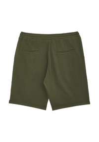 Pantaloni corti verde oliva con cintura elastica e due tasche a filetto sul retro, mostrati da dietro su uno sfondo bianco.