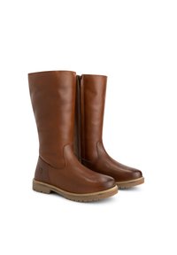 Bruine leren laarzen tot de knie met een gladde afwerking, zijrits, ronde neus en duurzame rubberen zool met een gestructureerd profiel.