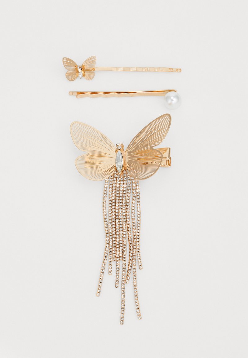 Three hairpins featuring a gold-tone butterfly with a crystal accent, two slender pins, one with a pearl, and cascading rhinestones.