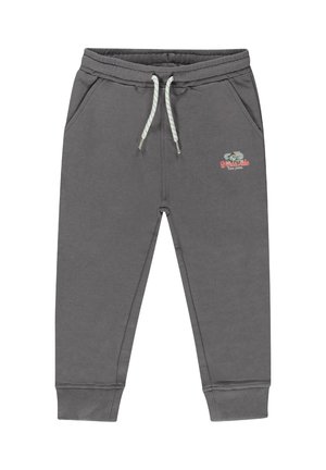 Grijze sweatpants van zachte stof, voorzien van een trekkoord met accenten, zijzakken en een klein logo in pastelkleuren op de dij.