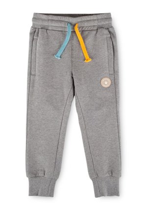 Grey children's sweatpants with ribbed cuffs, blue and yellow drawstrings, front pockets, and a round beige logo patch on the right thigh.