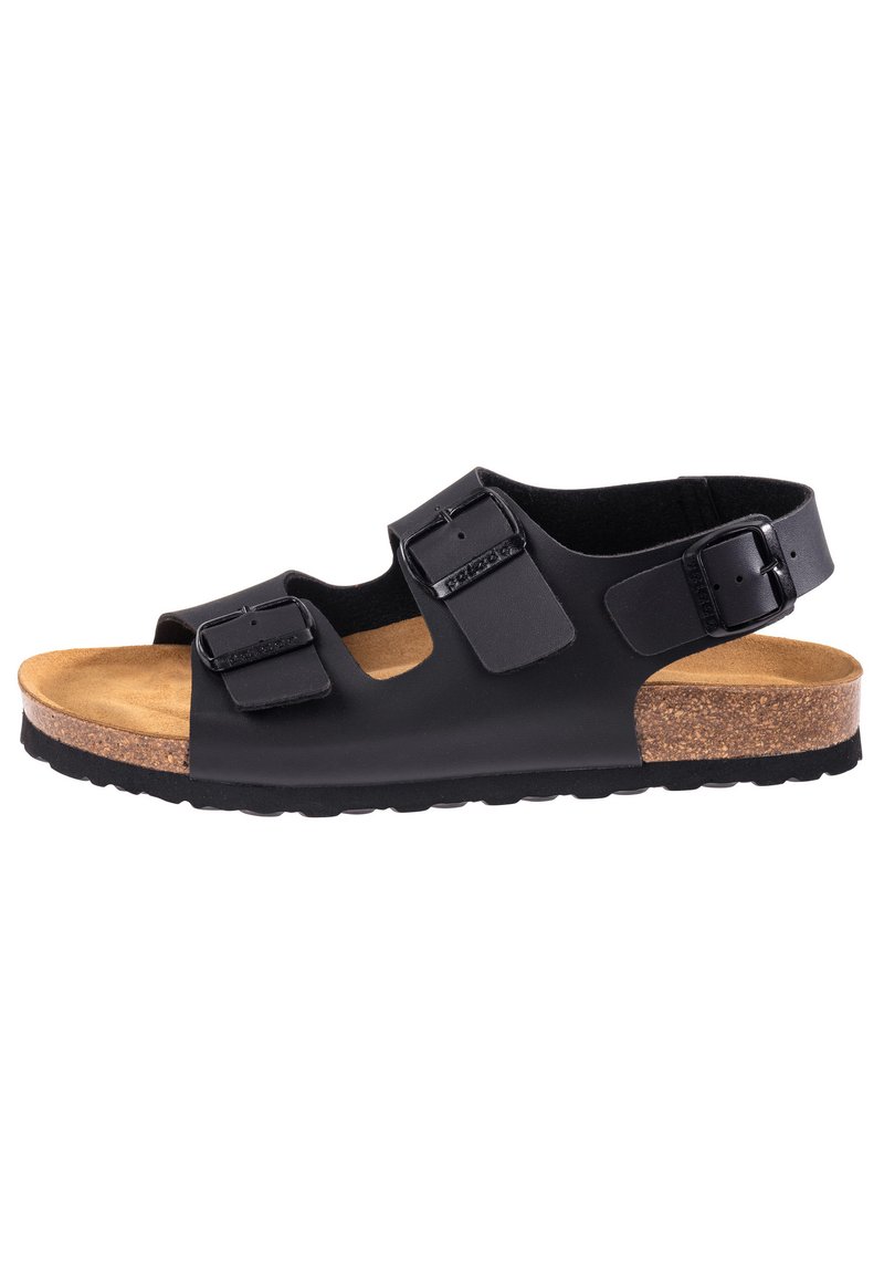 Sandalias negras con plantilla de corcho, correas ajustables con hebillas, diseño de punta abierta y suela de goma con una textura suave y forma moderna.
