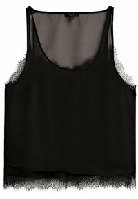 Top sans maniche nero in tessuto trasparente. Presenta un delicato bordo in pizzo all'orlo e al collo. Silhouette semplice e fluida.