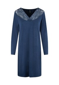 Robe longue bleu marine à manches longues avec un décolleté en V et des accents en dentelle au niveau du col. Tissu doux, longueur genoux, coupe décontractée.