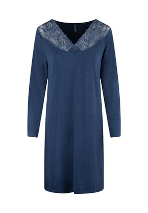 Robe longue bleu marine à manches longues avec un décolleté en V et des accents en dentelle au niveau du col. Tissu doux, longueur genoux, coupe décontractée.