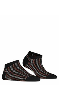 Schwarze Knöchelsocken mit einem geometrischen Muster in Rot, Grau und Braun. Sie bestehen aus weichem Stoff und haben einen gerippten Bund für zusätzlichen Komfort.