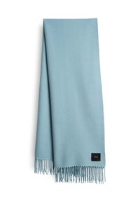 Scarf azzurro chiaro realizzata in materiale morbido, con bordi frangiati e una piccola etichetta nera in un angolo. Forma rettangolare, texture liscia.
