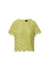 Limonkowa bluzka z krótkim rękawem, z wyciętymi wzorami, falbaniastym dołem i zamkiem błyskawicznym z tyłu. Tkanina wydaje się mieć teksturę i jest przewiewna.