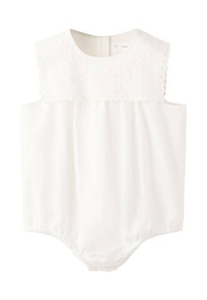 Body blanc pour bébé avec col sans manches à bord festonné et brodé, taille froncée et boutons-pression à l'entrejambe pour faciliter le changement de couche.