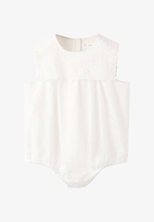 Body blanc pour bébé avec col sans manches à bord festonné et brodé, taille froncée et boutons-pression à l'entrejambe pour faciliter le changement de couche.
