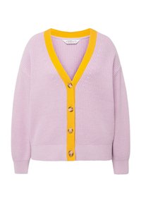 Cardigan di un viola chiaro con scollatura a V profonda, abbottonatura gialla e bottoni in legno. Presenta polsini e orlo a costine.