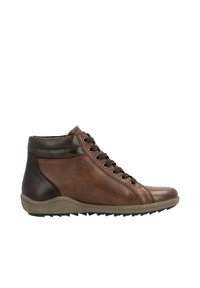Bottes chevilles en cuir marron avec une finition lisse, design à lacets, accents contraste en marron foncé et semelle en caoutchouc texturée.