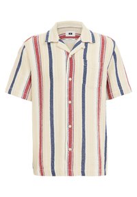 Kortärmad skjorta med knappar i beige med vertikala ränder i röd och marinblå. Har en bröstficka och en avslappnad krage. Texturerad tyg.