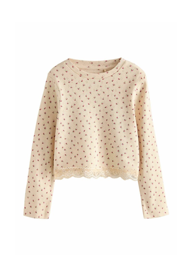 Pull crème à manches longues avec un petit motif floral rose et un ourlet en dentelle. Fabriqué en tissu tricoté doux, avec un col rond et des manches ajustées.