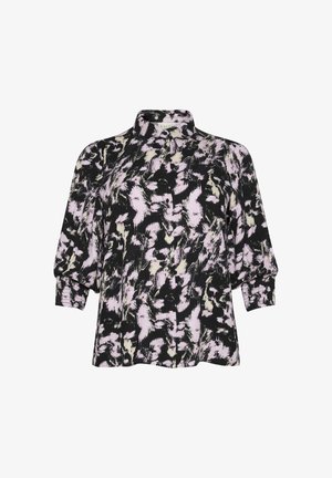 Blusa nera con motivo astratto rosa e avorio, caratterizzata da un colletto, apertura con bottoni e maniche arricciate.