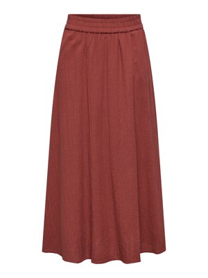 Dolga krilo rjave rjaste barve z elastičnim pasom in subtilno teksturirano tkanino, lahkotnega kroja, ki sega pod kolena.