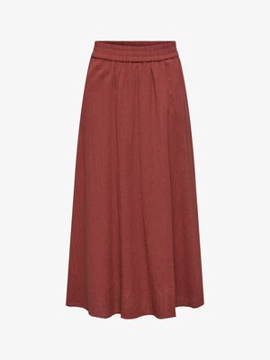 Dolga krilo rjave rjaste barve z elastičnim pasom in subtilno teksturirano tkanino, lahkotnega kroja, ki sega pod kolena.