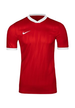 Czerwona sportowa koszulka z krótkim rękawem, białym kołnierzykiem i mankietami, z białym logo Nike na prawym piersi.