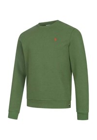 Green cotton sweatshirt with long sleeves, ribbed cuffs, and a round neckline; features a small red logo on the chest.