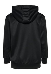Schwarzer Kapuzenpullover aus einem glatten, strukturierten Stoff, mit gerippten Bündchen und einem Gummibund, in einem einfachen, klaren Design.