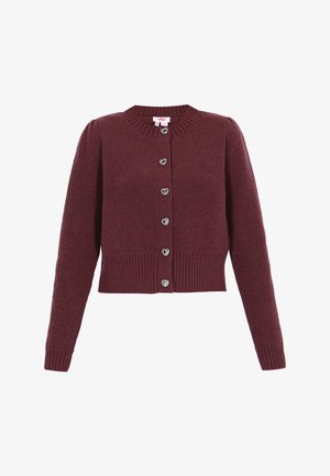 Burgundijska pletena jakna z okroglo ovratnikom, rebrastimi manšetami in robom, ki ima srčaste gumbe po sprednji strani.