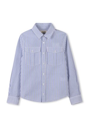 Chemise à boutons avec des rayures verticales bleues et blanches, un col, deux poches poitrine à fermeture à bouton et des manches longues.