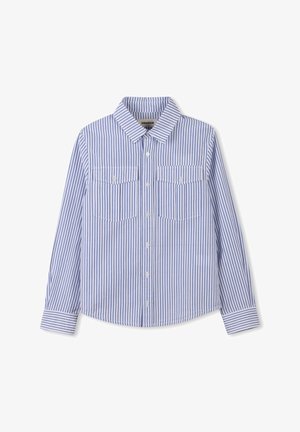 Overhemd met knopen, voorzien van verticale blauw-witte strepen, een kraag, twee borstzakken met knoopsluitingen en lange mouwen.