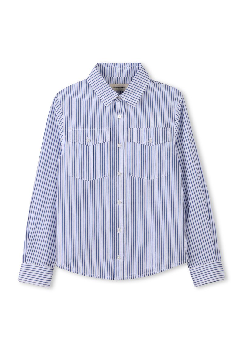 Overhemd met knopen, voorzien van verticale blauw-witte strepen, een kraag, twee borstzakken met knoopsluitingen en lange mouwen.