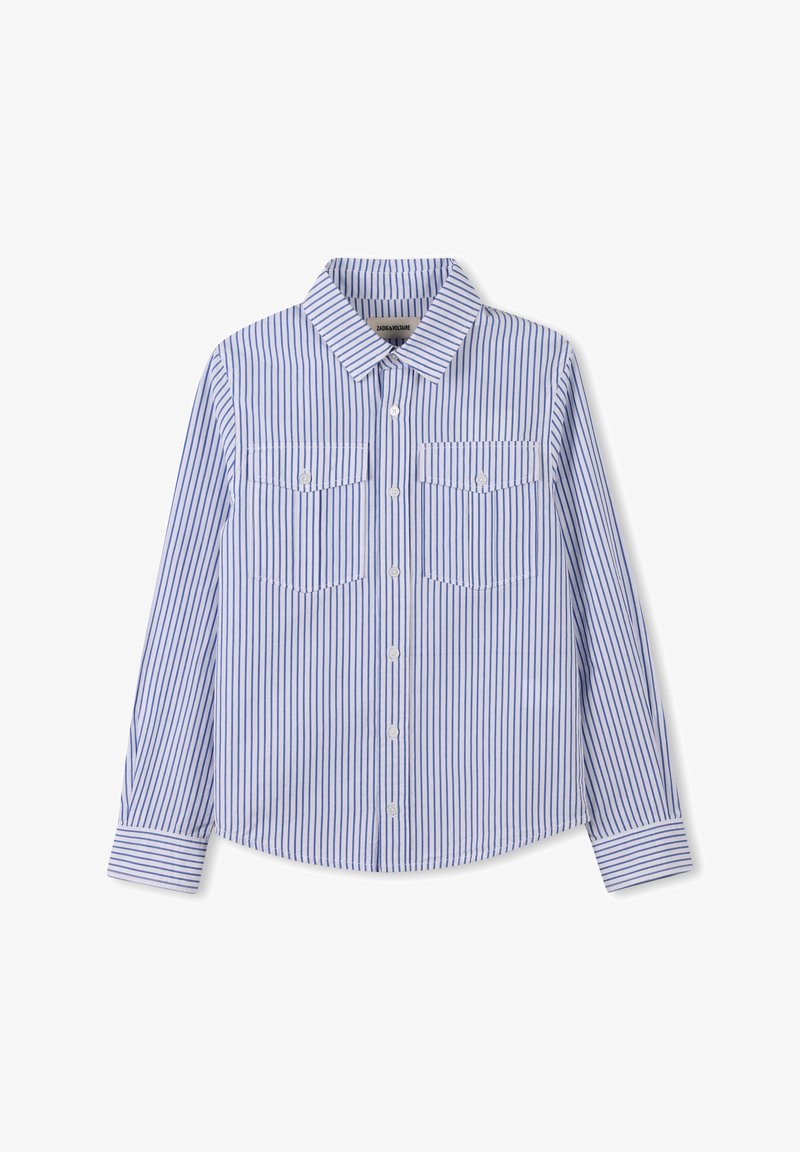 Overhemd met knopen, voorzien van verticale blauw-witte strepen, een kraag, twee borstzakken met knoopsluitingen en lange mouwen.
