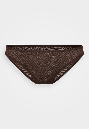 Bas de bikini en dentelle marron avec un motif zèbre subtil, présentant un design sans couture et une taille élastique pour le confort.
