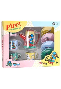 Pippi Longstocking toy tea set with striped teapot, colorful cups, and illustrated saucers featuring characters in varied colors and designs.