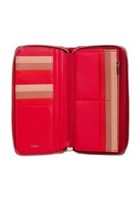 Red leather wallet with a zip closure, featuring multiple card slots in soft beige and subtle textures for easy organization.