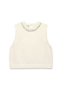 Ärmelloses cremefarbenes Strickoberteil mit rundem Ausschnitt und dekorativen perlenähnlichen Verzierungen entlang des Kragens. Verschluss mit Schlüsselloch hinten.