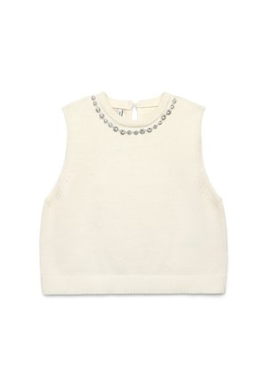 Ärmelloses cremefarbenes Strickoberteil mit rundem Ausschnitt und dekorativen perlenähnlichen Verzierungen entlang des Kragens. Verschluss mit Schlüsselloch hinten.