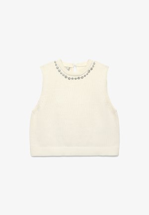 Ärmelloses cremefarbenes Strickoberteil mit rundem Ausschnitt und dekorativen perlenähnlichen Verzierungen entlang des Kragens. Verschluss mit Schlüsselloch hinten.