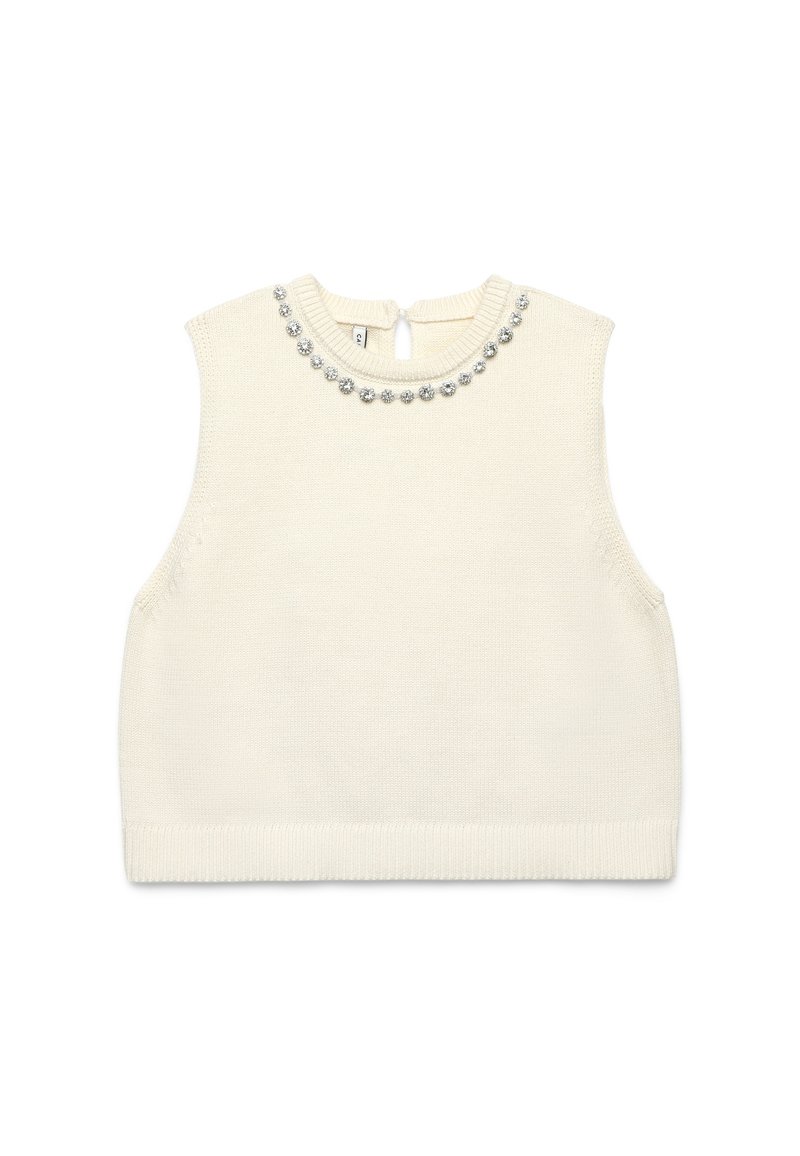 Ärmelloses cremefarbenes Strickoberteil mit rundem Ausschnitt und dekorativen perlenähnlichen Verzierungen entlang des Kragens. Verschluss mit Schlüsselloch hinten.