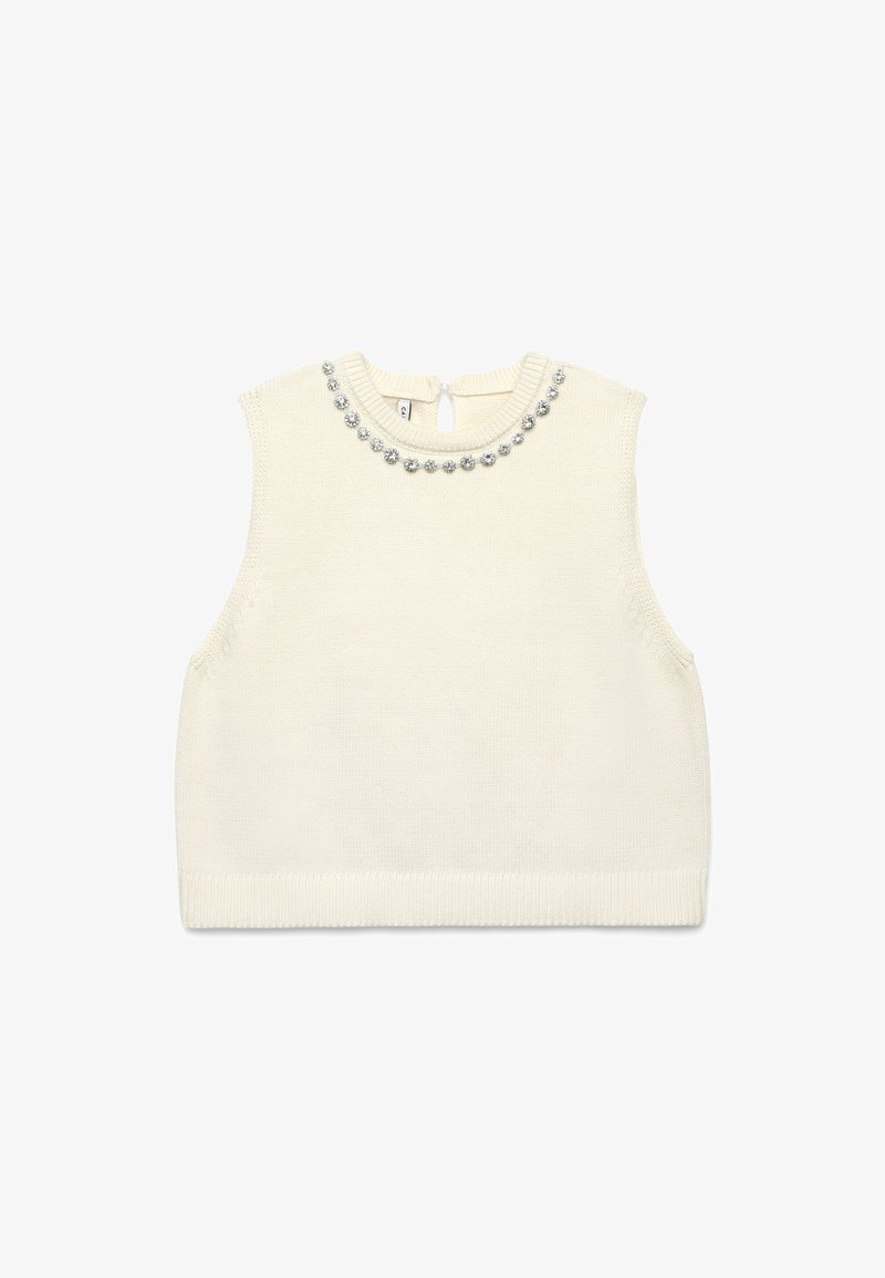 Ärmelloses cremefarbenes Strickoberteil mit rundem Ausschnitt und dekorativen perlenähnlichen Verzierungen entlang des Kragens. Verschluss mit Schlüsselloch hinten.