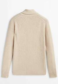 Beige ribbed knit sweater with a collar, long sleeves, and noticeable seam details on the shoulders and back. Soft texture.