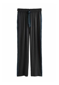 Black wide-leg pants with elastic waistband, blue side stripes, and a blue drawstring tie at the front.