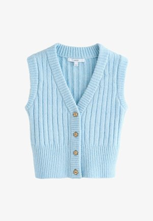 Hellblauer, gerippter, ärmelloser Cardigan mit V-Ausschnitt und vier dekorativen goldenen Knöpfen auf der Vorderseite.