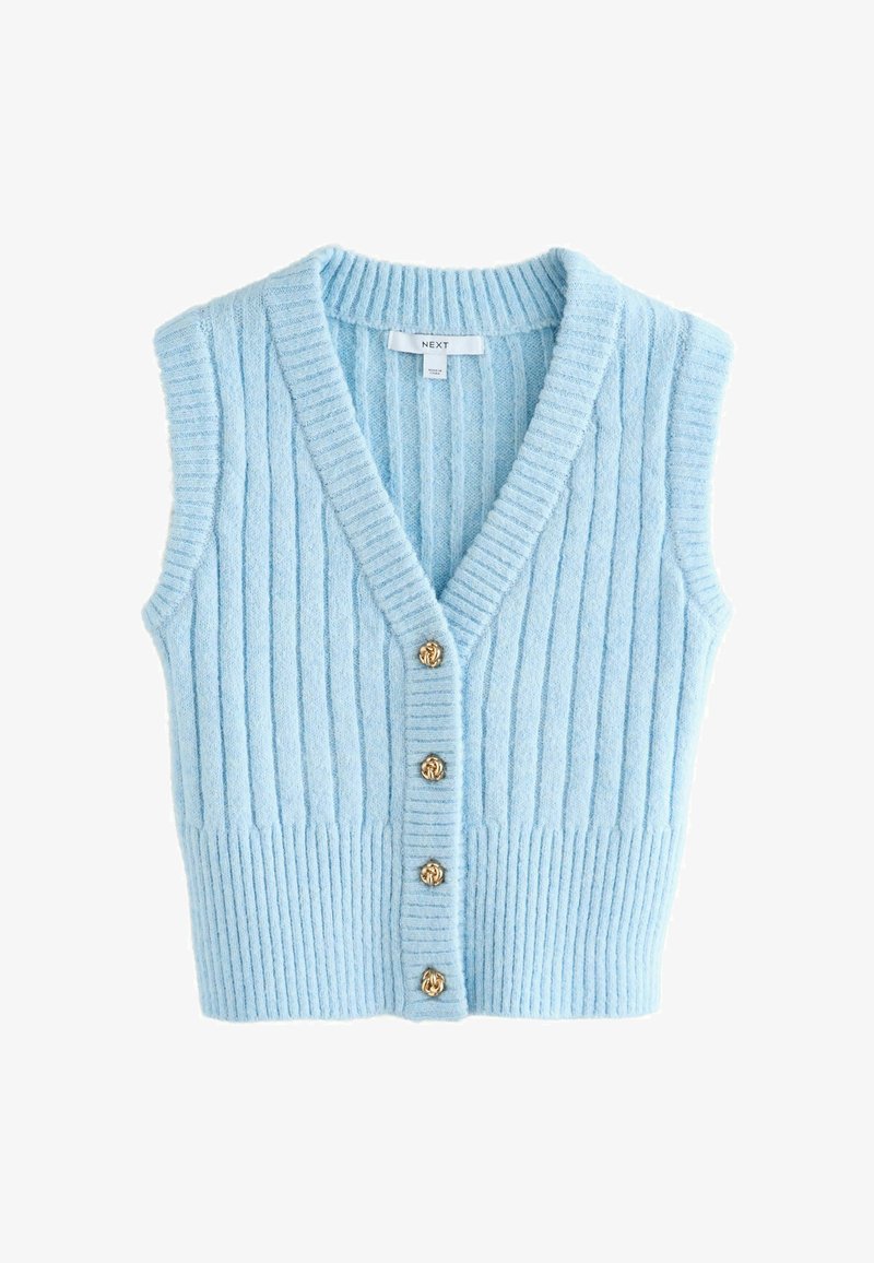 Gaiši zilā ribota adīta bezpiedurkņu kardigāna ar V veida kaklu un četriem dekoratīviem zelta pogām priekšpusē.