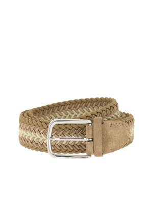 Cintura intrecciata in tessuto beige e color cuoio con fibbia in metallo argento e dettagli in pelle scamosciata all'estremità.