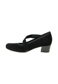 Chaussure Mary Jane en daim noir avec un petit talon carré et une large sangle sur le cou-de-pied, inclinée vers la droite sur fond blanc.
