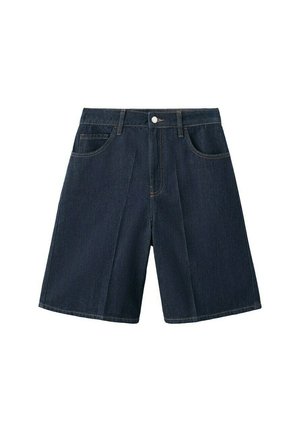 Ciemnoniebieskie szorty dżinsowe z przednimi kieszeniami, szlufkami na pasek i zapięciem na guzik, pokazane na białym tle.