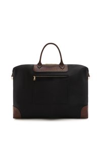 Ruime zwarte reistassen met een duurzame stoffen body, leren accenten, een met krokodillenpatroon geperforeerde bovenhandgreep en een voorvak met rits. Goudkleurige hardware.