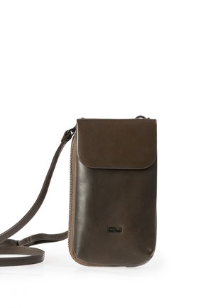 Brown leather crossbody bag with a flap closure, zippered side, and adjustable strap. Features a debossed logo on the front.