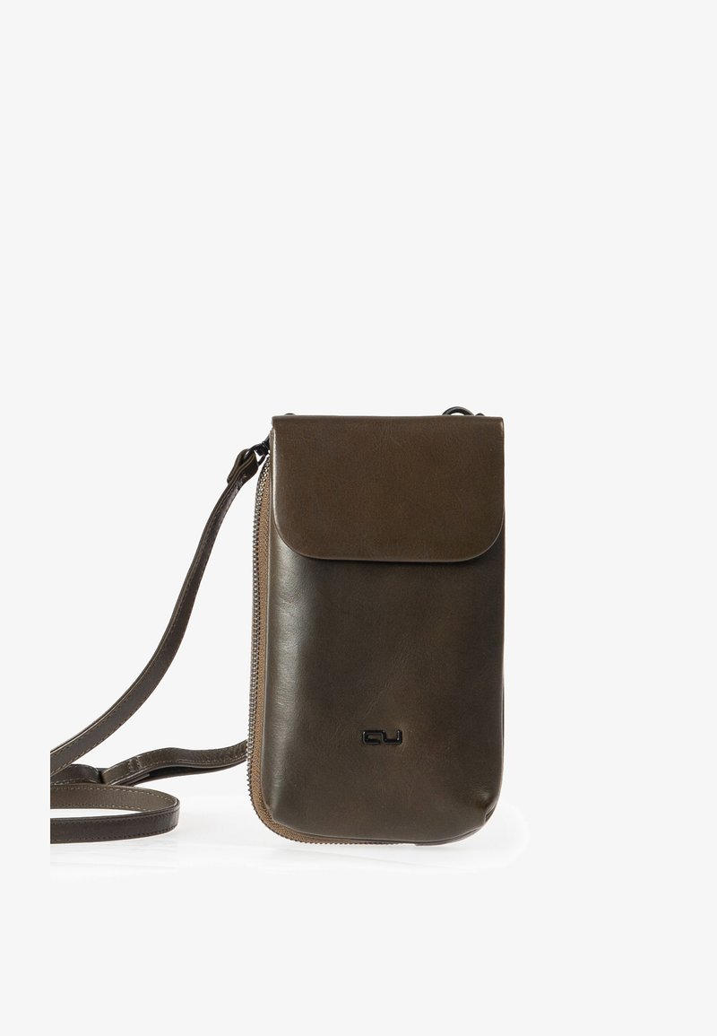 Brown leather crossbody bag with a flap closure, zippered side, and adjustable strap. Features a debossed logo on the front.